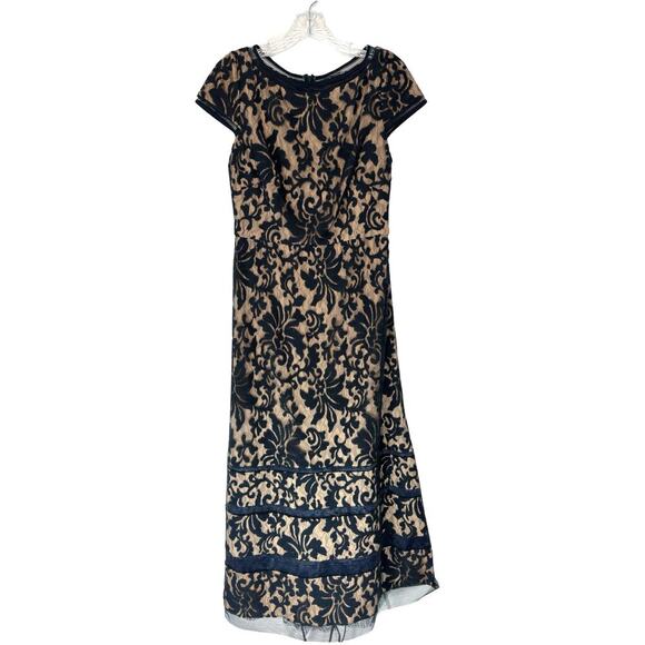 Tadashi Shoji Navy Nude Embroidered Lace Cap Sleeve Formal Maxi Gown Size 6 - Picture 1 of 15